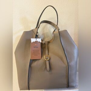 Spain Leather Tote in Taupe with Gold Buckle
